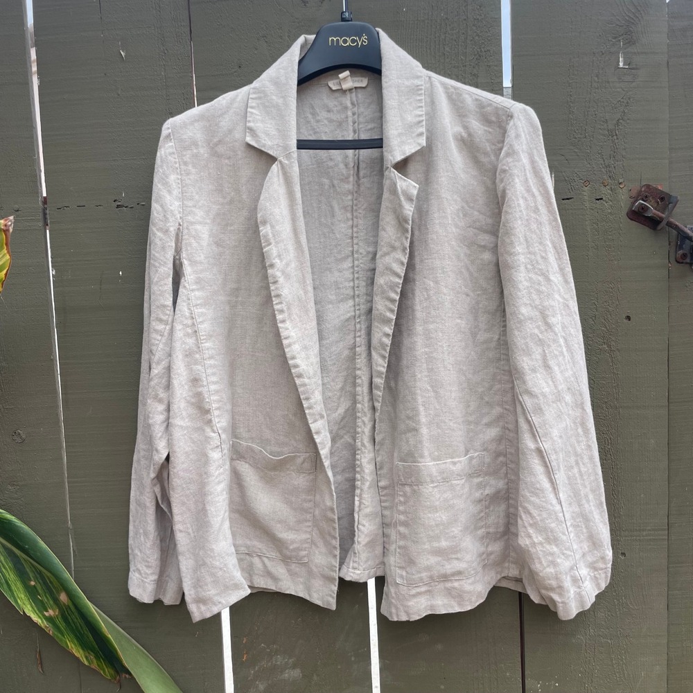 Eileen Fisher Organic Linen Open Front Blazer Jacket Women Petite Large Beige